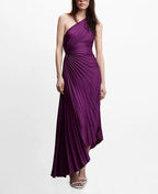 One-Shoulder Pleated Asymmetric Hem Maxi Dress