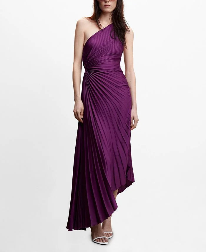 One-Shoulder Pleated Asymmetric Hem Maxi Dress