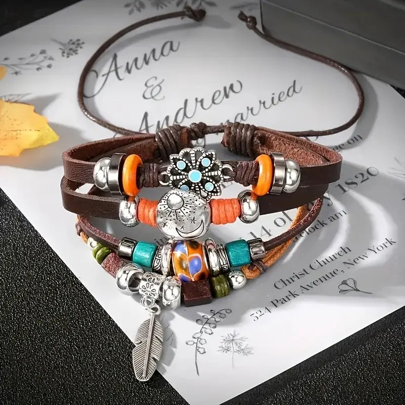 Leather and Bead Bracelet with Feather Charm