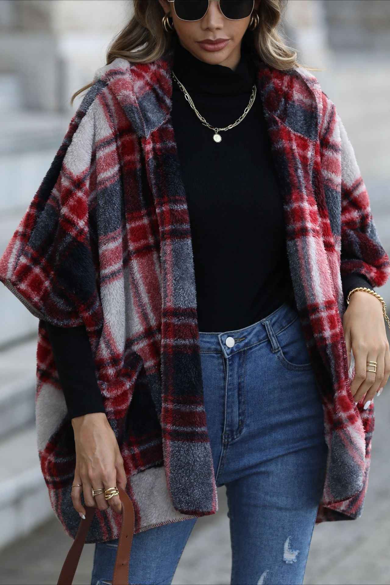 Checked Hooded Jacket with Knit Lined Body and Pockets