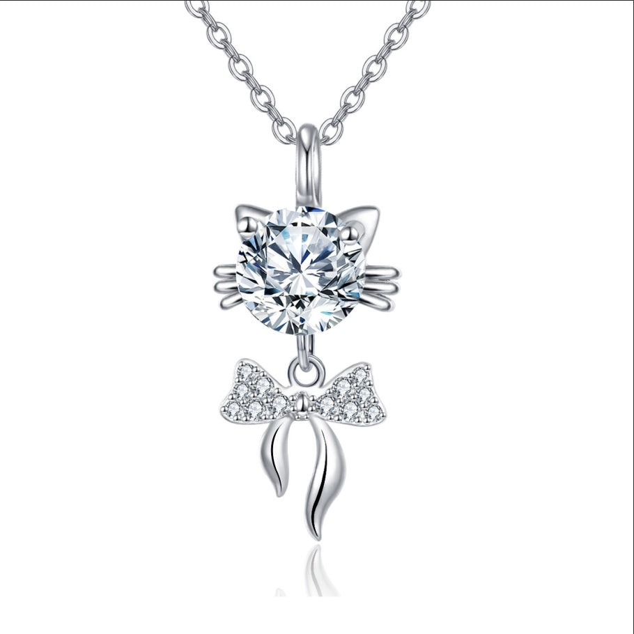 925 Sterling Silver Moissanite Cat Pendant on Delicate Chain