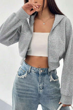 Cropped Zip Through Hoodie with Relaxed Fit and Long Sleeves