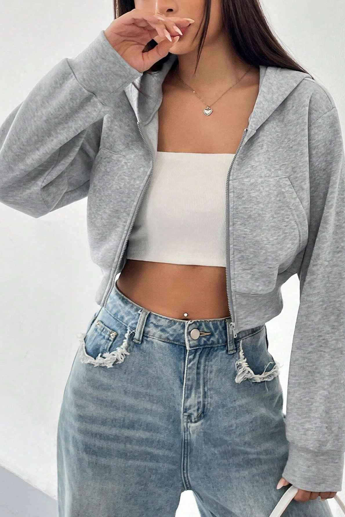 Cropped Zip Through Hoodie with Relaxed Fit and Long Sleeves