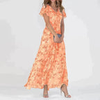 Floral V-Neck Flutter Sleeve Flowing Maxi Dress