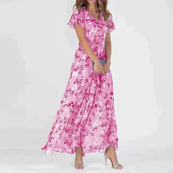 Floral V-Neck Flutter Sleeve Flowing Maxi Dress