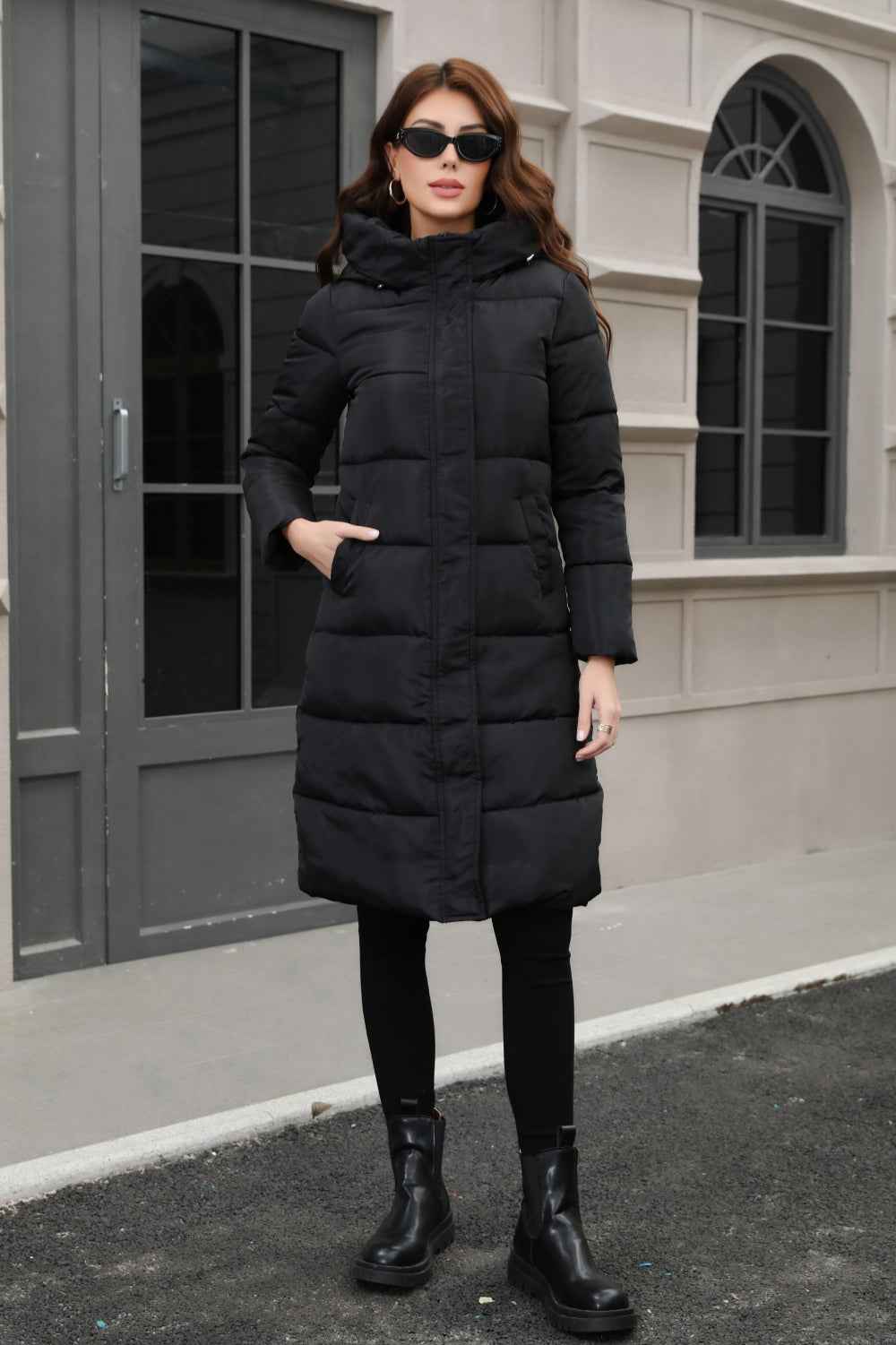 Hooded Longline Padded Jacket with Concealed Button Front