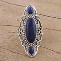 Long Oval Blue Stone Ring with Filigree Silver-Tone Frame