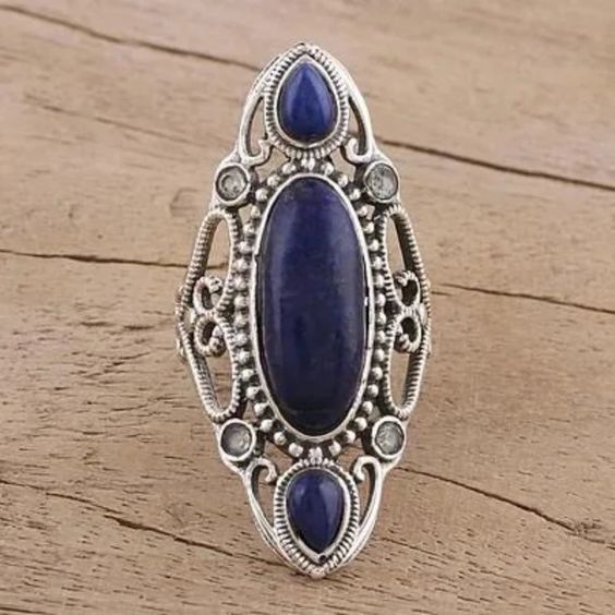 Long Oval Blue Stone Ring with Filigree Silver-Tone Frame
