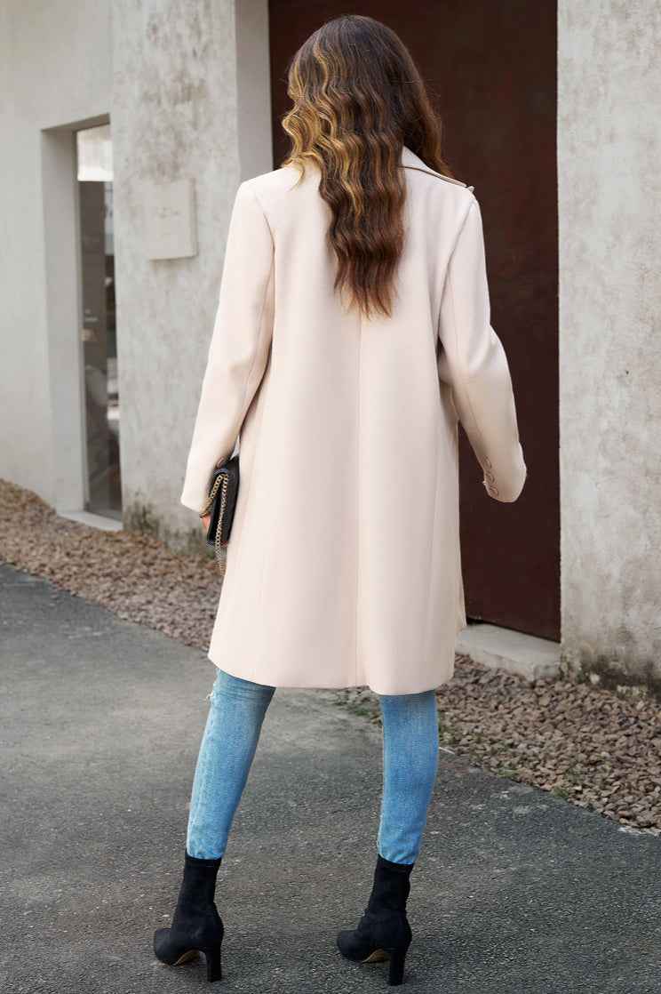 Solid Colour Longline Coat with Notched Collar and Buttons