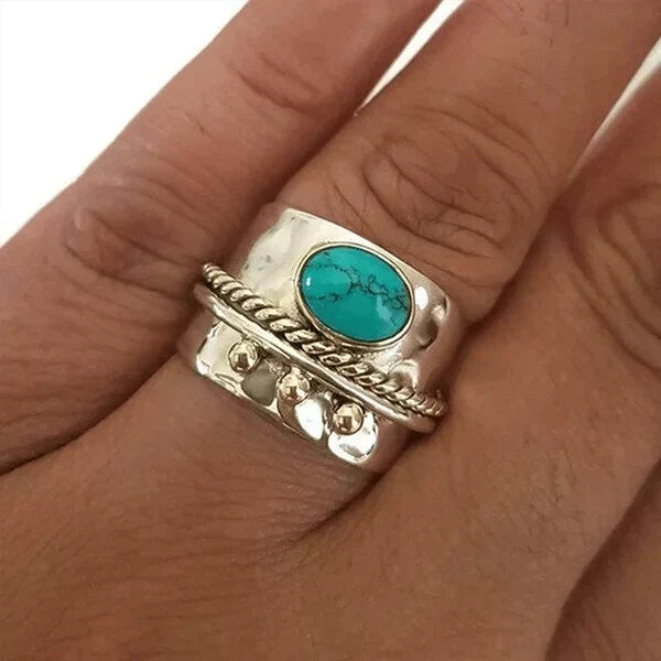 Wide Two-Tone Band Ring with Round Turquoise-Look Stone