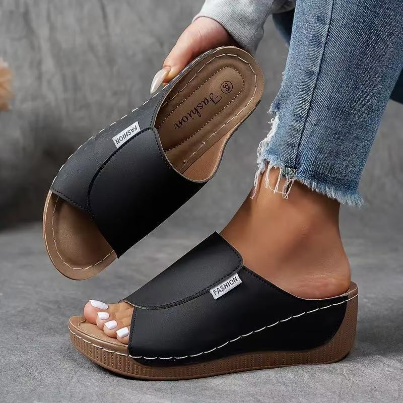 Platform Wedge Slide Sandals with Wide Front Strap