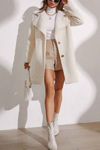 Long Plush Parka with Notched Collar and Two Button Fastening