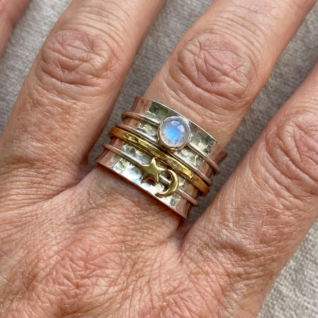 Star and Moon Moonstone Two-Tone Artisan Ring