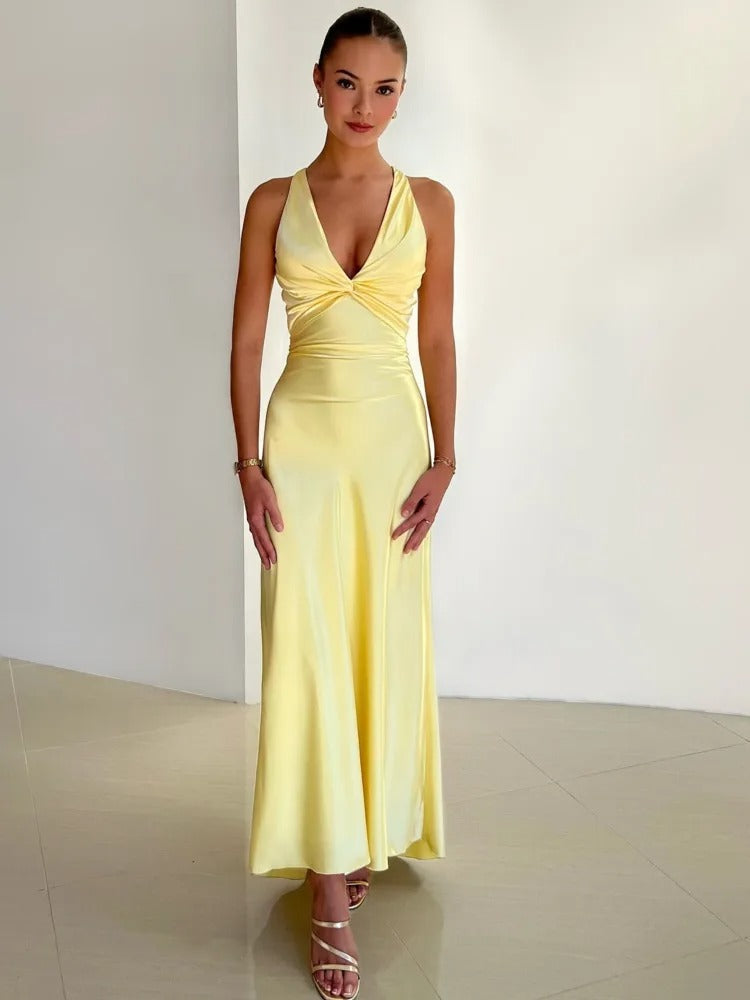 Sleeveless V-Neck Open Back Satin Maxi Dress