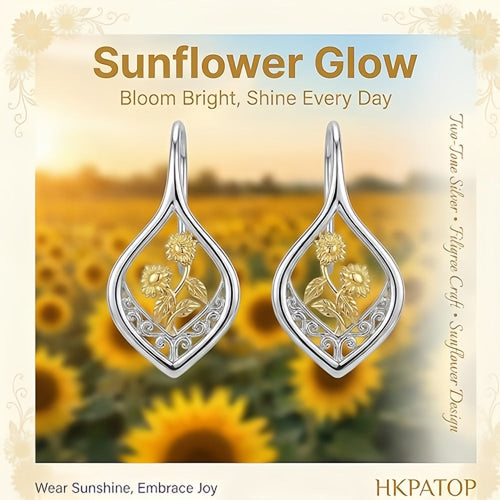 925 Sterling Silver Filigree Sunflower Leverback Earrings, 18K Gold Plated