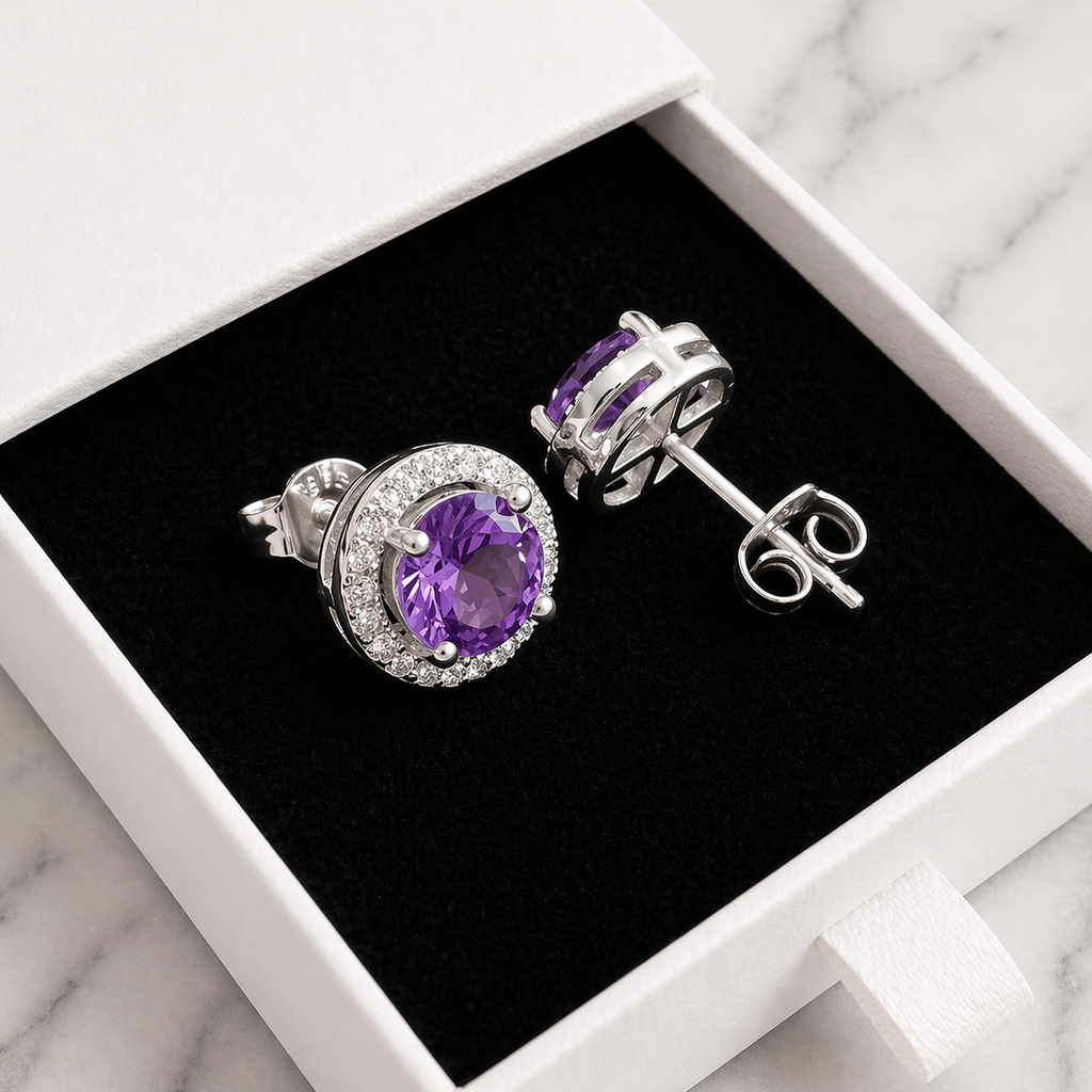 Amethyst-Look Round Pavé Stud Earrings in White Gold Tone