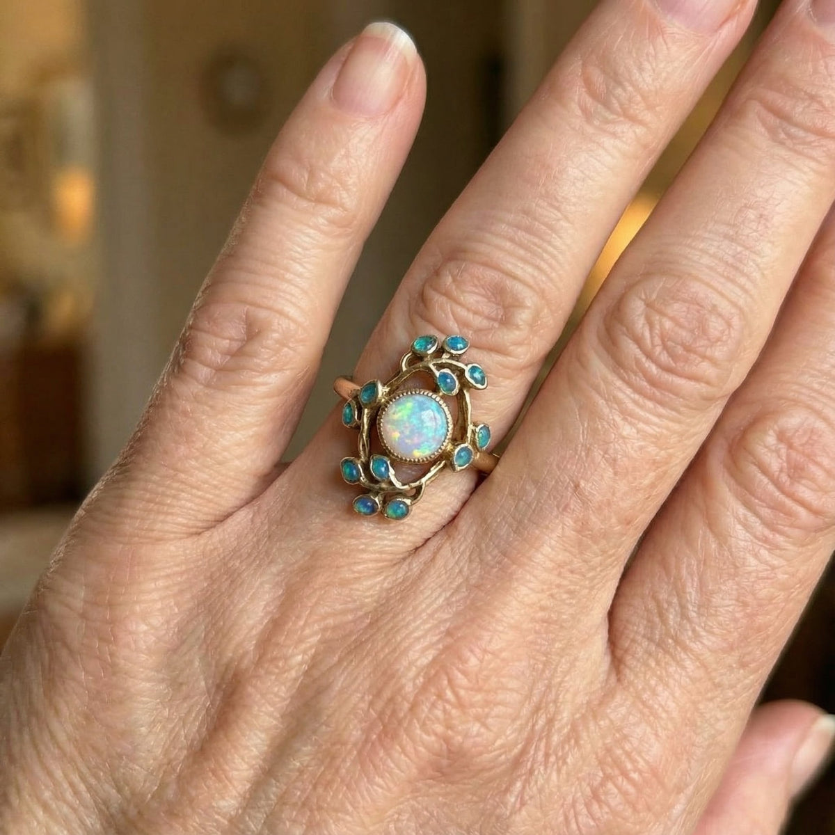 Vintage-Style Gold-Plated Blue Opal-Look Crystal Ring