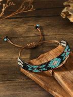 Handwoven Turquoise, Black and Silver-Tone Seed Bead Bracelet