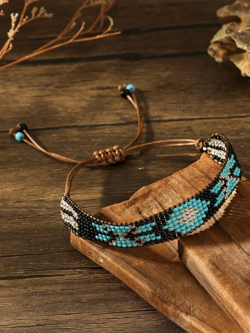 Handwoven Turquoise, Black and Silver-Tone Seed Bead Bracelet