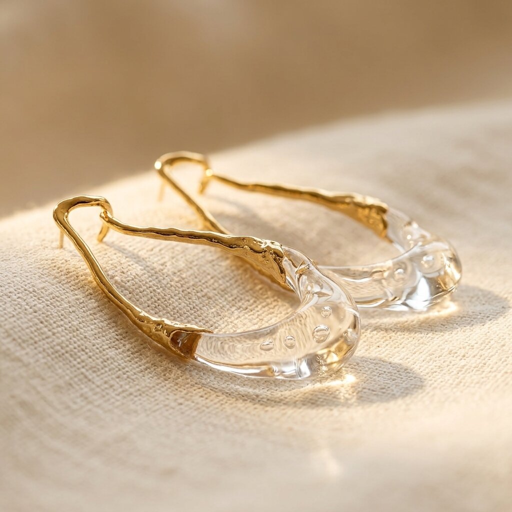 Geometric Hoop Earrings with Translucent Resin Droplet