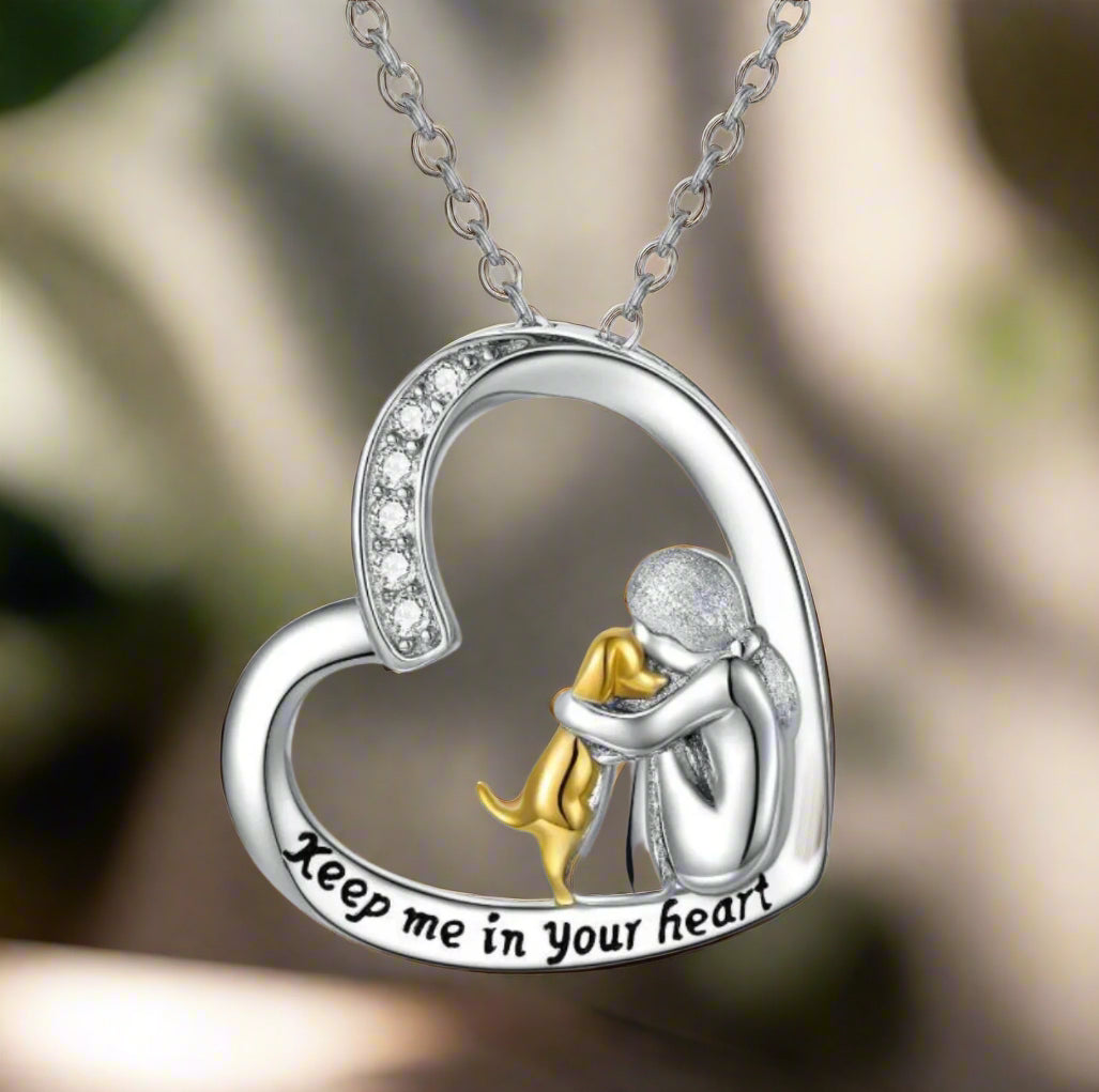925 Sterling Silver Heart and Dog Necklace with Zirconia