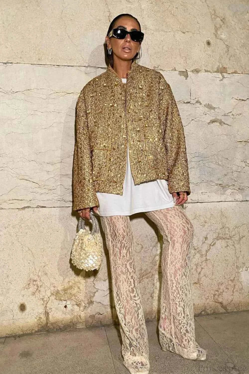 Sequin Embellished Coat with Stand Collar and Flap Pockets