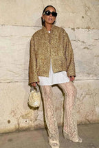 Sequin Embellished Coat with Stand Collar and Flap Pockets