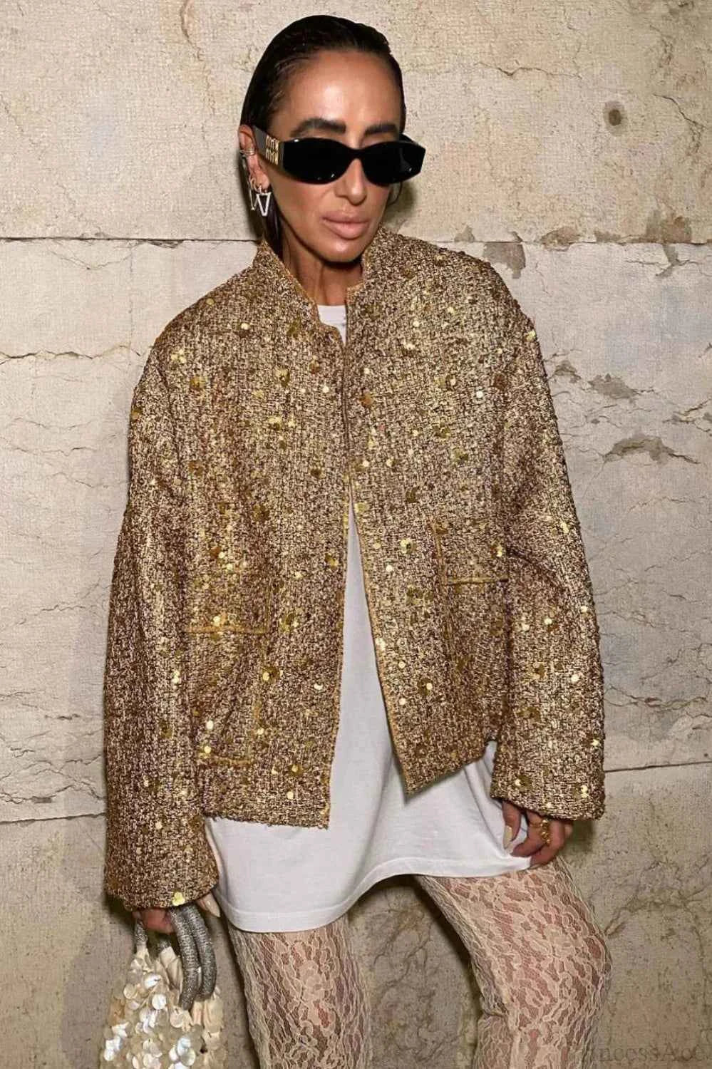 Sequin Embellished Coat with Stand Collar and Flap Pockets