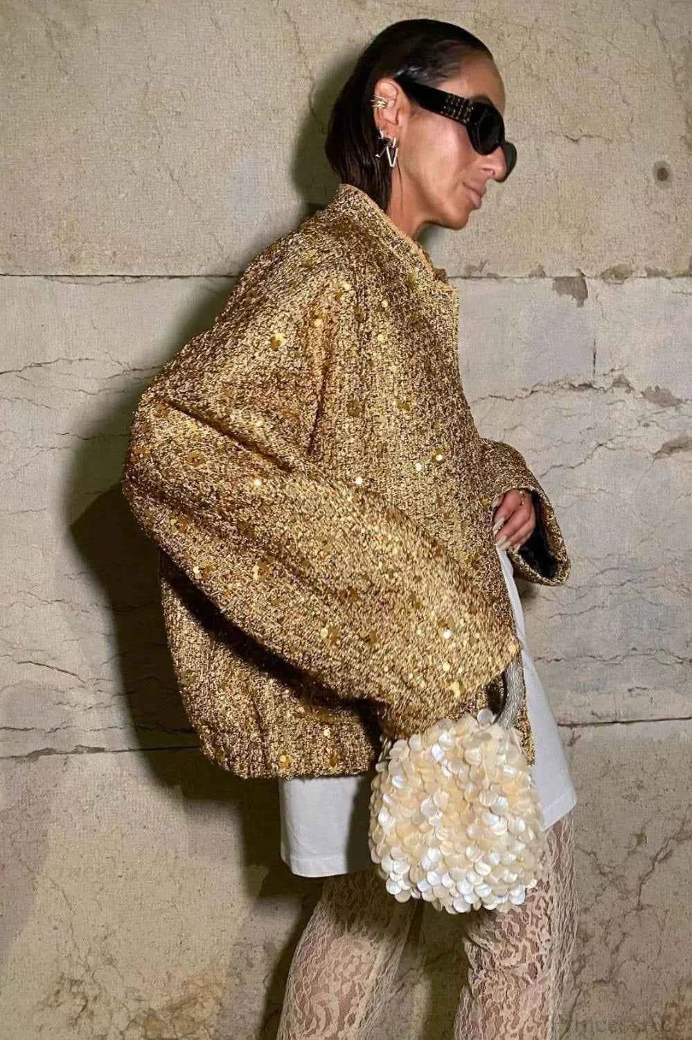 Sequin Embellished Coat with Stand Collar and Flap Pockets