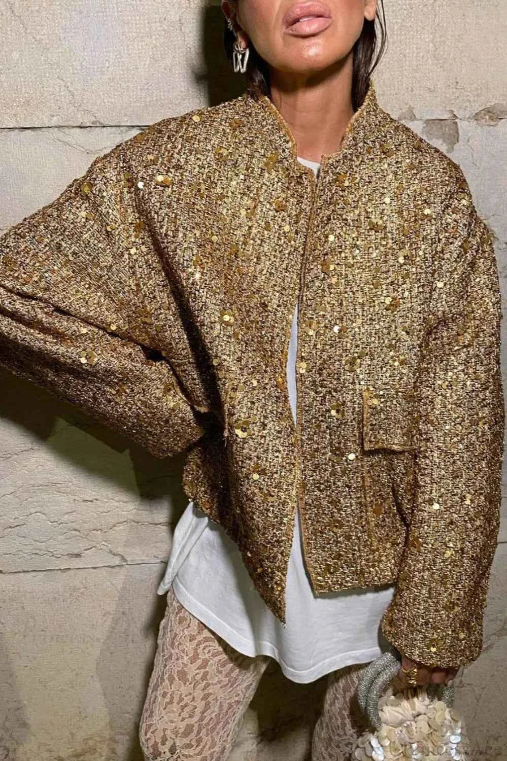 Sequin Embellished Coat with Stand Collar and Flap Pockets