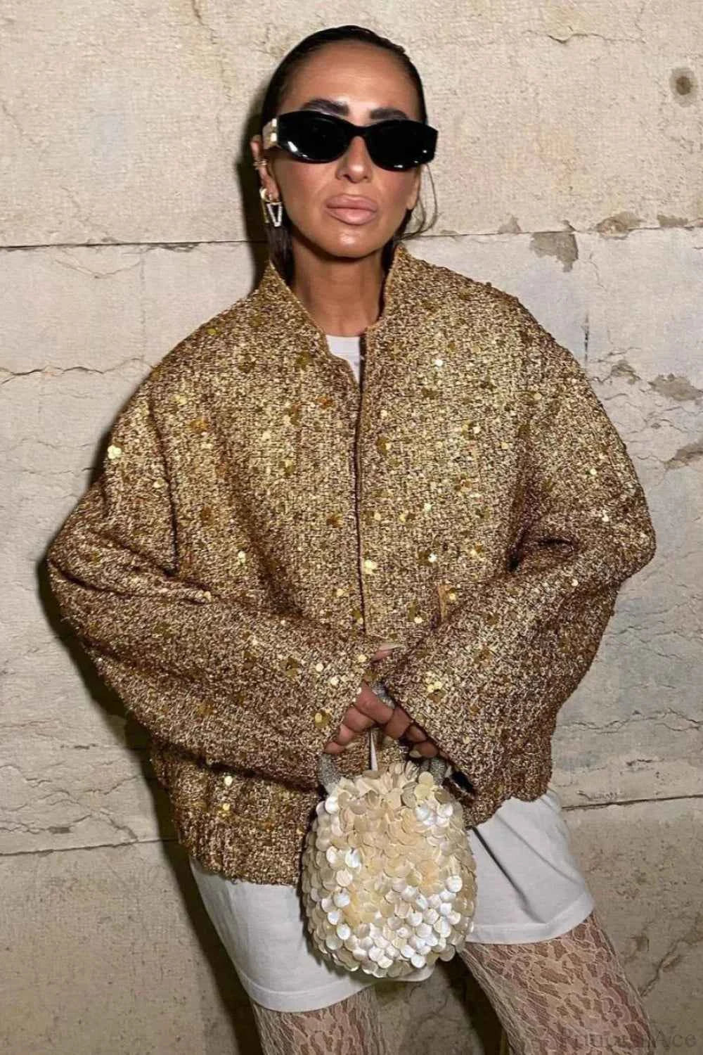 Sequin Embellished Coat with Stand Collar and Flap Pockets