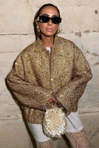 Sequin Embellished Coat with Stand Collar and Flap Pockets