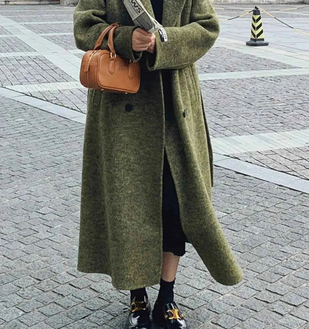 Double-Breasted Brushed Coat with Turn-Down Collar and Long Cut