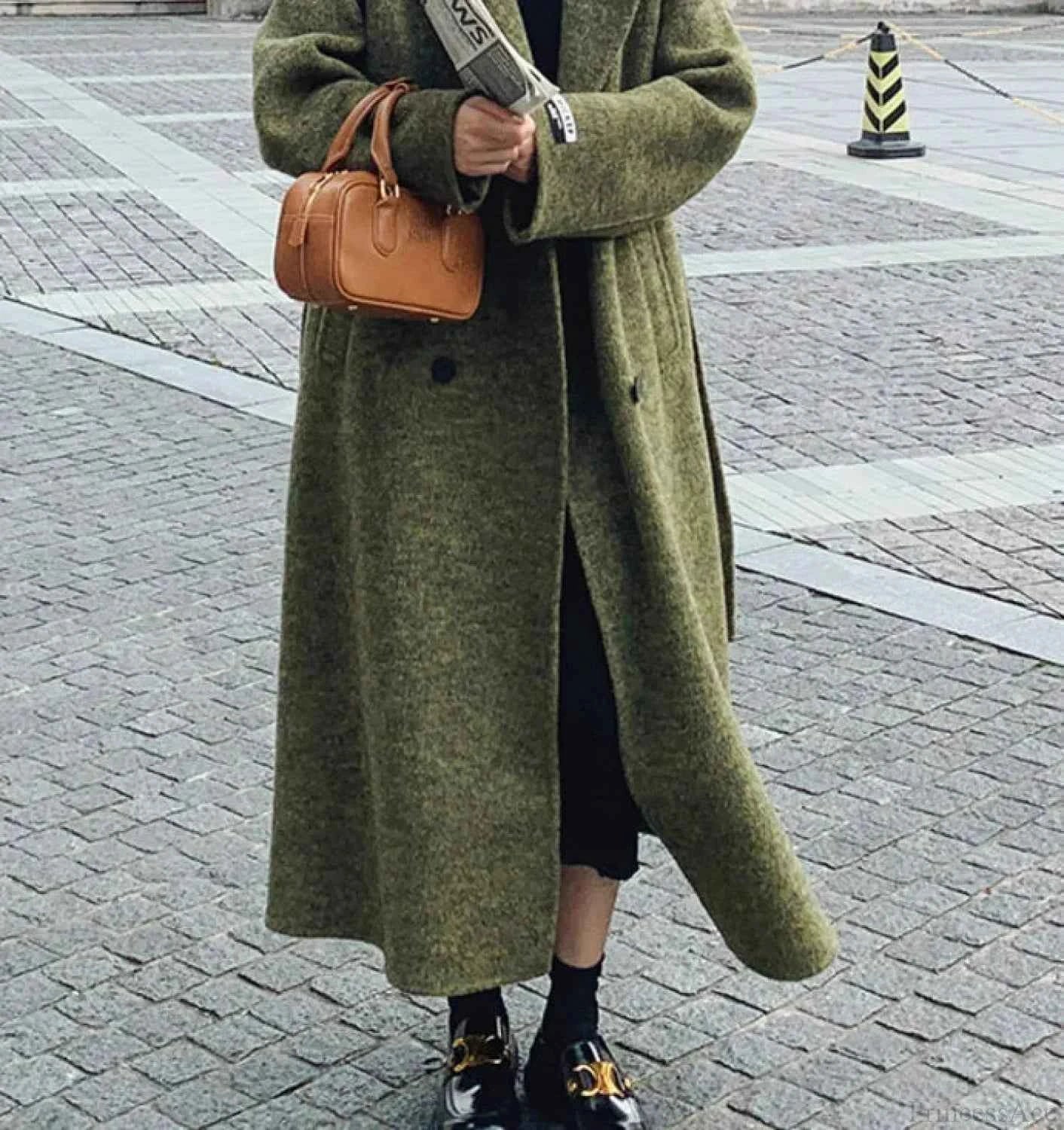 Double-Breasted Brushed Coat with Turn-Down Collar and Long Cut
