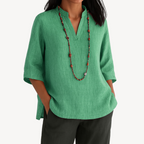Linen Tunic Blouse with a V-Neck and 3/4 Sleeves