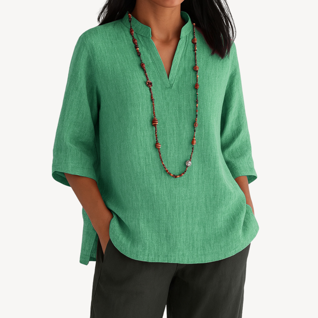 Linen Tunic Blouse with a V-Neck and 3/4 Sleeves