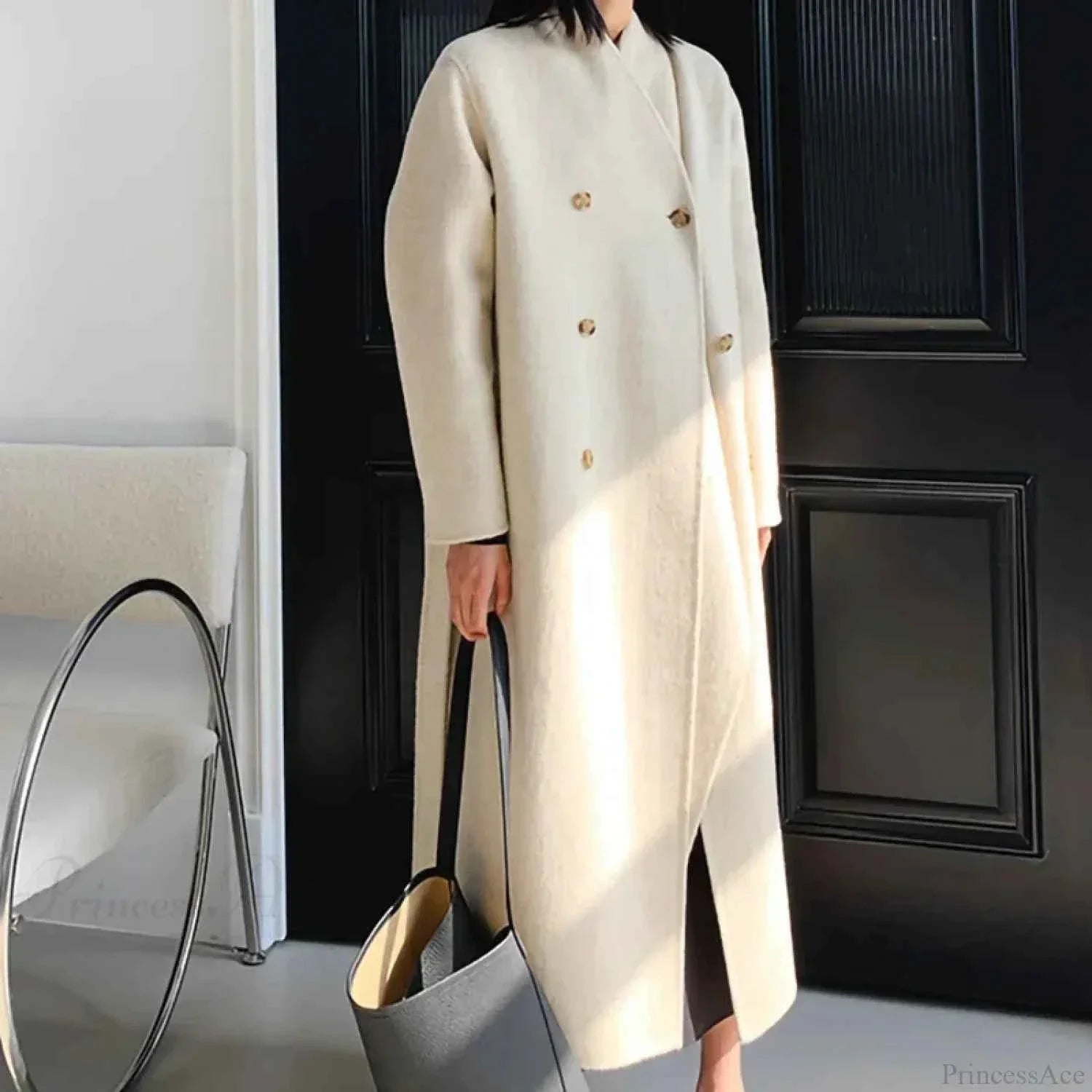 Longline Double-Breasted Brushed Coat with Turn-Down Collar