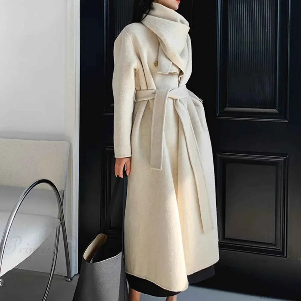 Longline Double-Breasted Brushed Coat with Turn-Down Collar