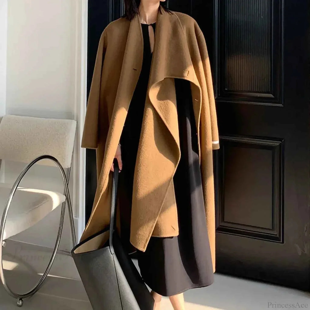 Longline Double-Breasted Brushed Coat with Turn-Down Collar