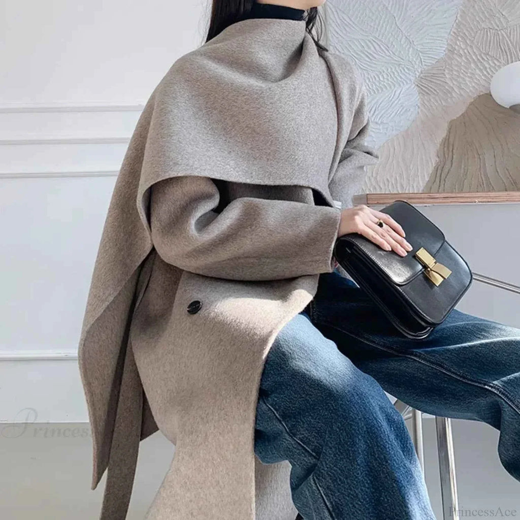 Longline Double-Breasted Brushed Coat with Turn-Down Collar