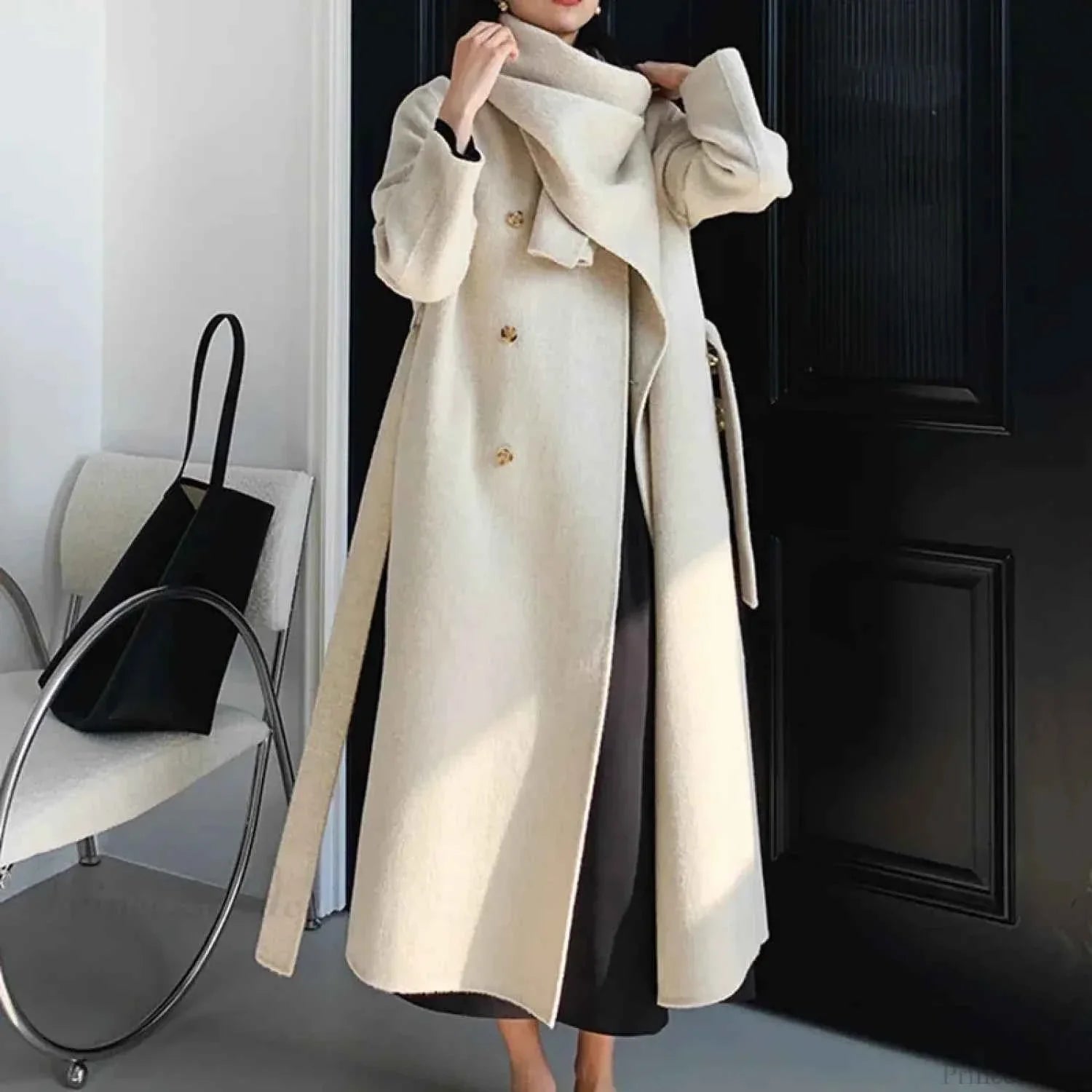 Longline Double-Breasted Brushed Coat with Turn-Down Collar