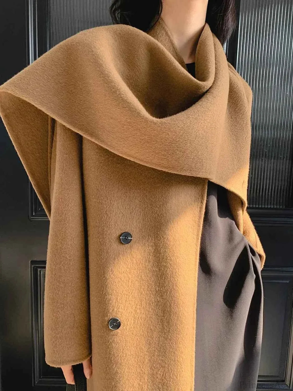 Longline Double-Breasted Brushed Coat with Turn-Down Collar