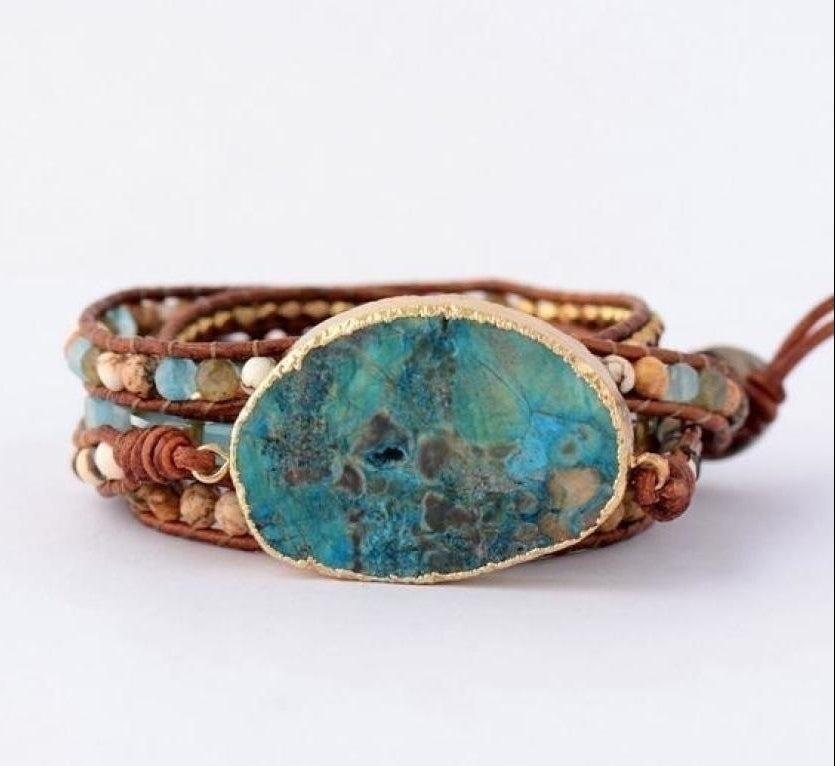Handmade Ocean Jasper Leather Wrap Bracelet