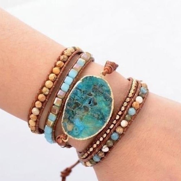 Handmade Ocean Jasper Leather Wrap Bracelet