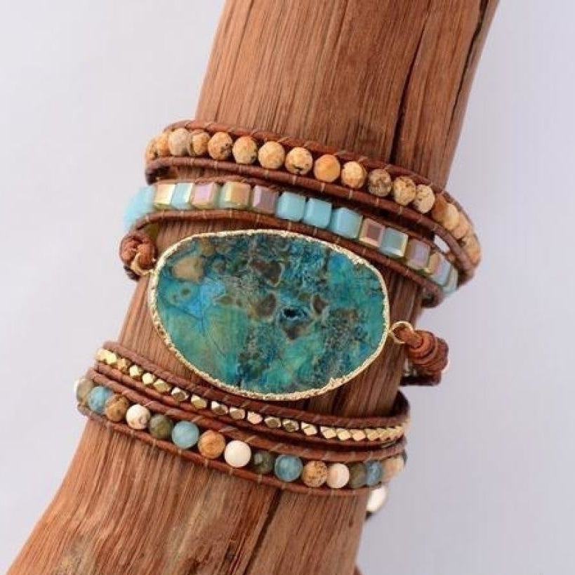 Handmade Ocean Jasper Leather Wrap Bracelet