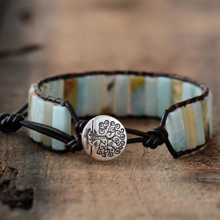 Amazonite and Leather Tree of Life Bracelet in Two Leather Tones