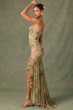 Asymmetrische bodycon jurk met ruches en bloemenprint