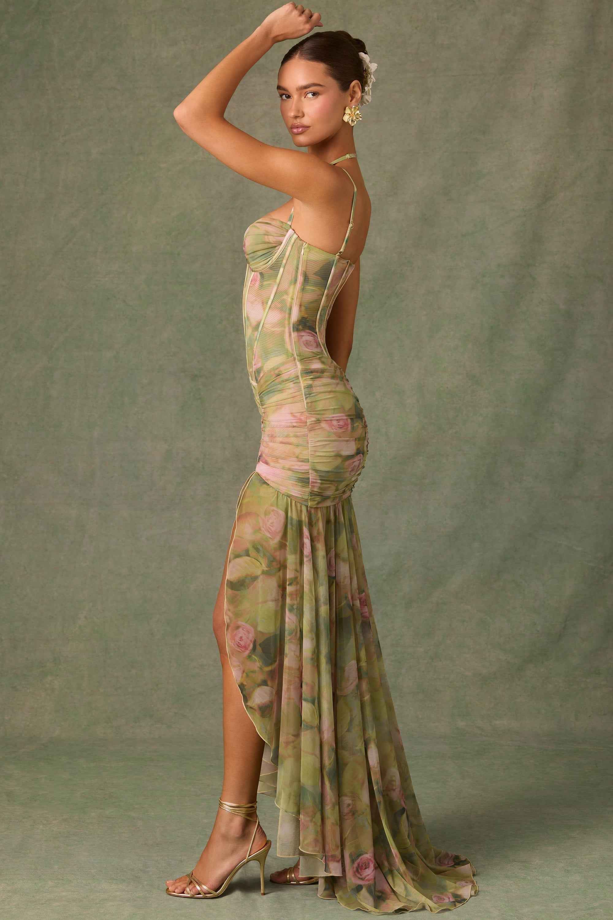 Asymmetrische bodycon jurk met ruches en bloemenprint