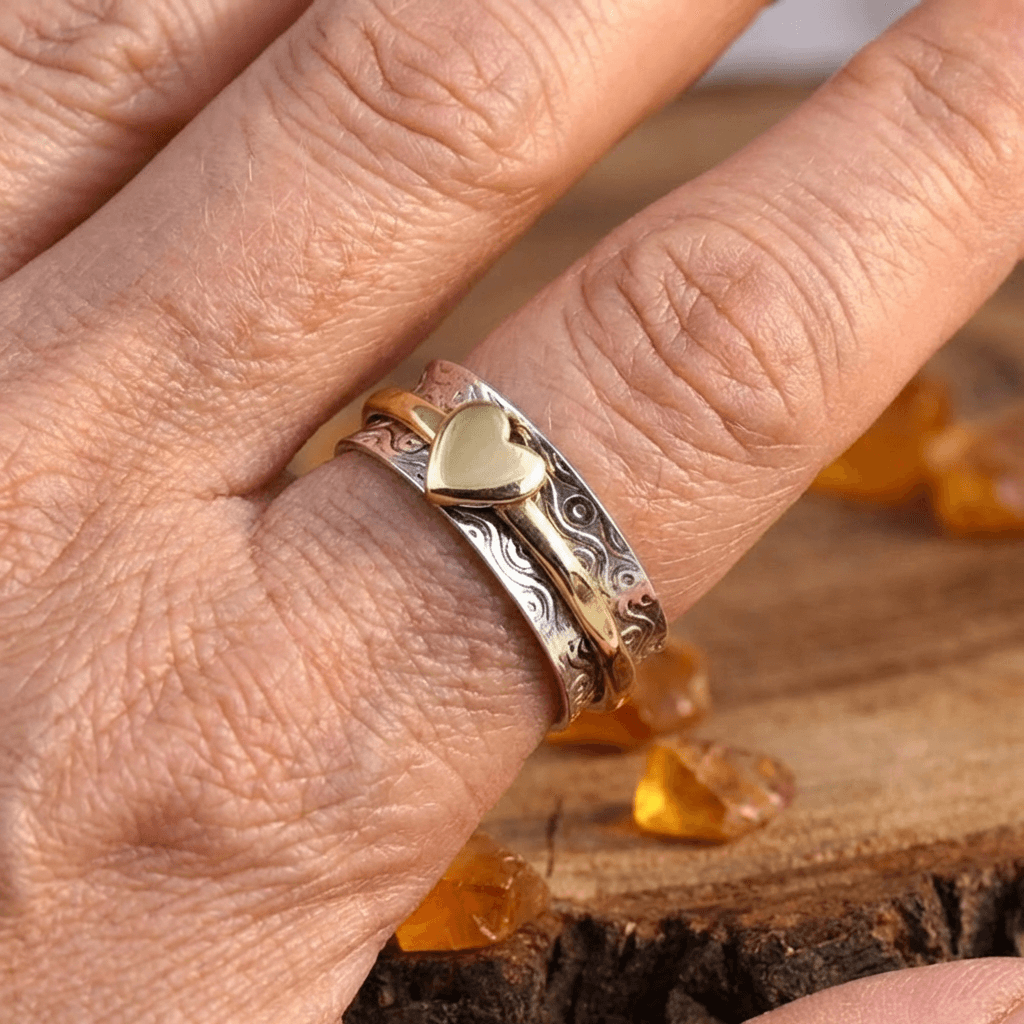 Bohemian Two-Tone Heart Spinner Band Ring