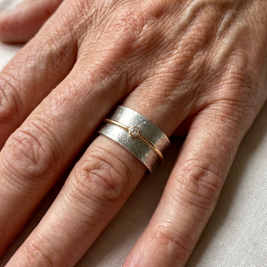 Zilverkleurige open bandring met goudkleurige bol in vintagestijl